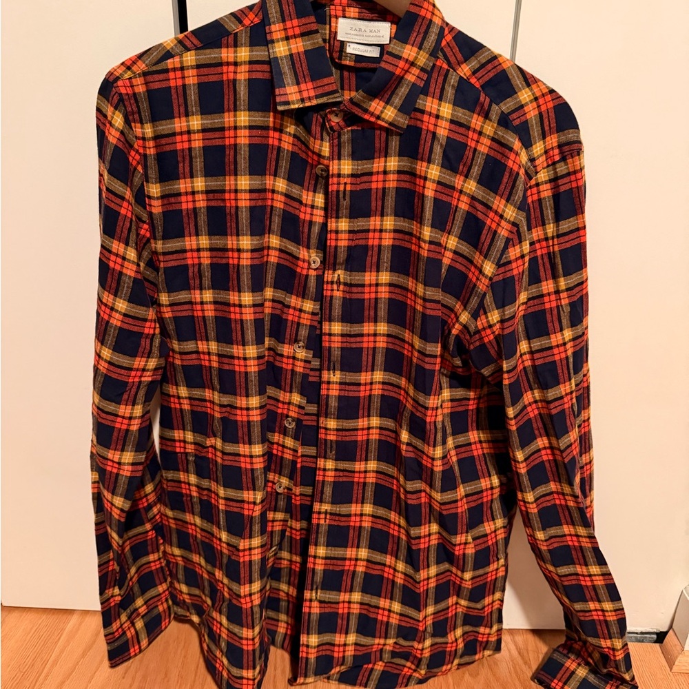 Zara Men’s Plaid Shirt - Orange Blue Yellow Mens medium